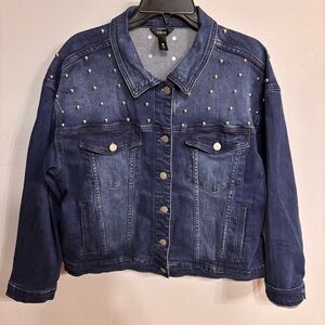 Aqua Dark Blue and Silver Studded Jean Jacket - Sz L - Like new